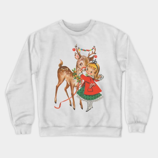 Vintage Christmas Girl and Reindeer Crewneck Sweatshirt by darklordpug